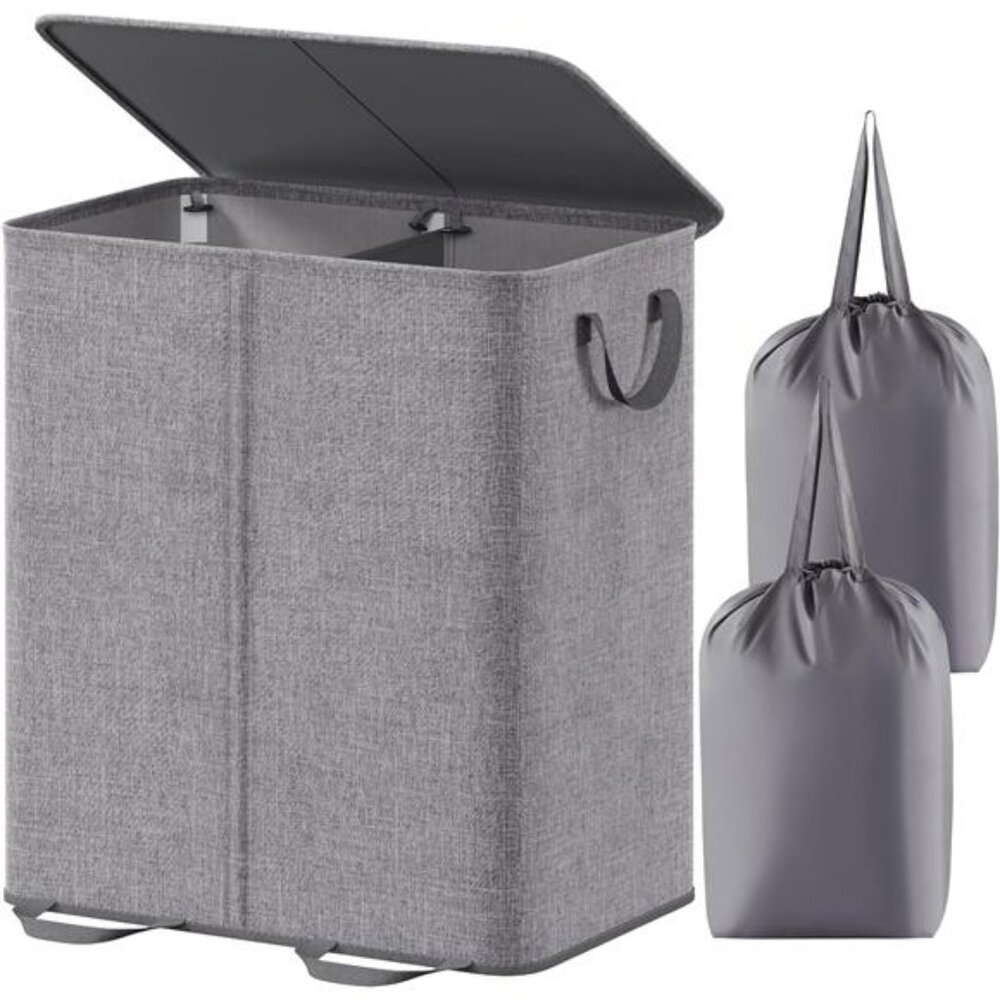 Double Laundry Hamper with Lid and Removable Laundry Bags, Large Collapsible